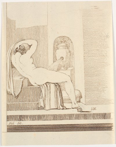 Femme nue avec drapé vue de dos, devant une fontaine - Johannes Wiedewelt