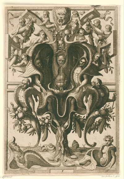 Ornement en forme de coquille avec des figures emprisonnées (Veelderleij Veranderinghe van grotissen ende Compertimenten) - Johannes of Lucas van Doetechum