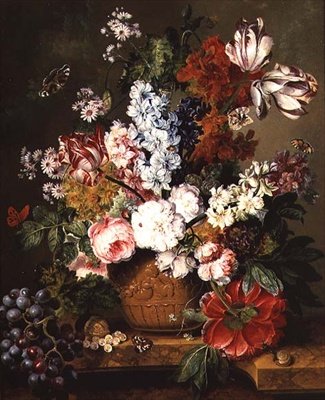 Fruits et fleurs sur un rebord de marbre - Johannes or Jacobus Linthorst