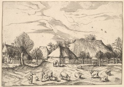 Fermes, bétail avec bergers et laitières au premier plan de Multifariarum casularu - Johannes van Doetecum I
