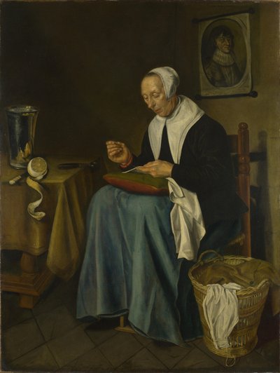 Une vieille femme assise cousant, 1655 - Johannes van der Aeck