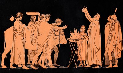 Nestor, roi de Pylos et ancien guerrier de la guerre de Troie, sacrifie des taureaux à Poséidon, scène tirée de "L