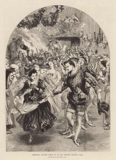 Danse de Noël à la campagne dans une ancienne salle baronniale anglaise - John (after) Gilbert