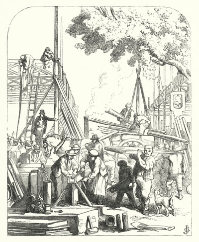 Ouvriers sur le site du Crystal Palace, Hyde Park, Londres, lieu de la Grande Exposition de 1851 - John (after) Gilbert
