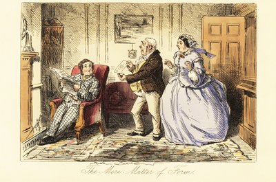 Gentleman anglais se prélassant dans un salon devant la cheminée avec ses parents outrés - John (after) Leech