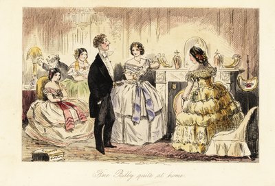 Gentleman anglais rendant visite à une dame et ses filles dans un salon - John (after) Leech