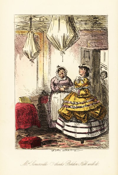 Dame anglaise inspectant une pièce élégante avec des meubles couverts et des lustres dans des ballons en toile brune - John (after) Leech