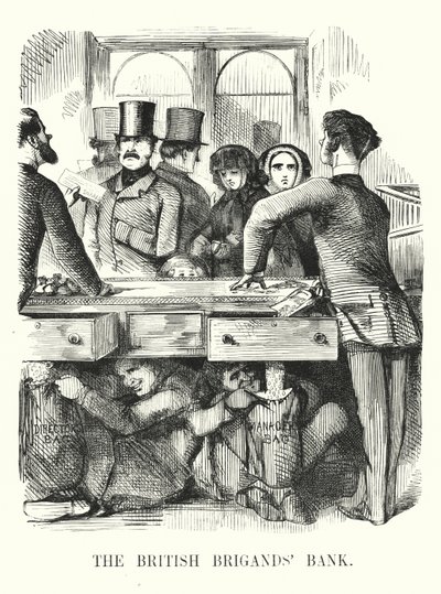 Caricature de Punch : La Banque des Brigands Britanniques - corruption bancaire et effondrement de la Royal British Bank - John (after) Leech