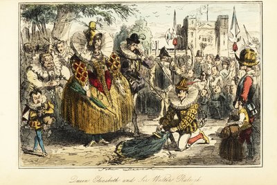 Sir Walter Raleigh posant son manteau sur une flaque pour la reine Elizabeth I à Greenwich - John (after) Leech