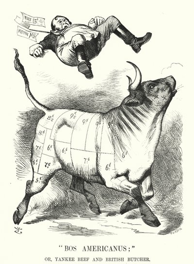 Caricature de Punch : Bos Americanus ; ou, Bœuf Yankee et Boucher Britannique - avantages attendus pour les consommateurs de l