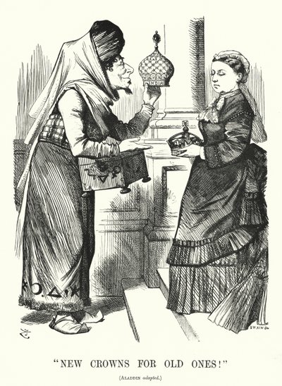 Caricature de Punch : Nouvelles couronnes pour les anciennes. Benjamin Disraeli (comme Aladdin) avec la reine Victoria - l