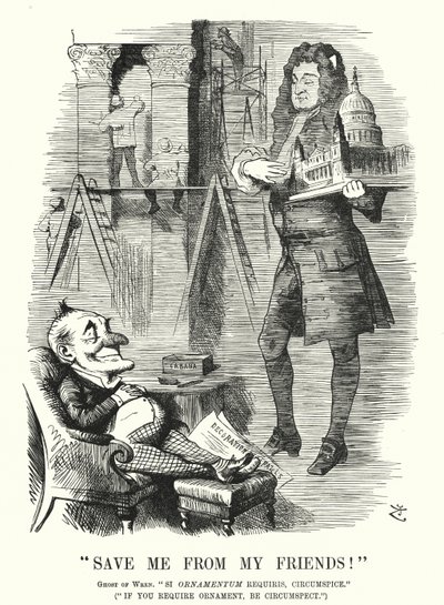Caricature de Punch : Sauve-moi de mes amis - le fantôme de Sir Christopher Wren et la décoration de la cathédrale Saint-Paul, Londres - John (after) Tenniel