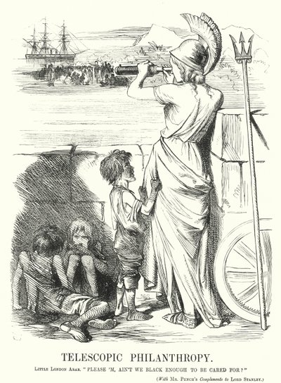 Caricature de Punch : Philanthropie télescopique - la préoccupation des classes moyennes victoriennes pour l