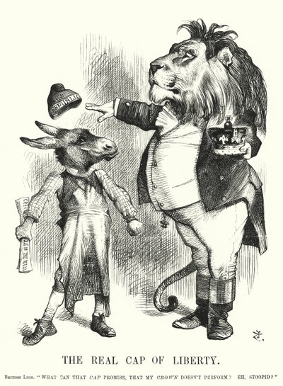 Caricature de Punch : Le véritable bonnet de la liberté - la supériorité de la monarchie constitutionnelle britannique sur le républicanisme (gravure) - John (after) Tenniel