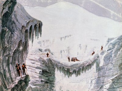 Ascension du Mont Blanc, alpinistes suspendus à une crevasse, aquarelle, France - Walter Charles Mills