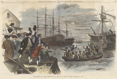 La Boston Tea Party ? Destruction du thé dans le port de Boston, 16 décembre 1773, de Ballous Pictorial Drawing-Room Companion, pub. 1865 - John Andrew