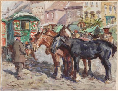 Cheval noir avec des maisons en arrière-plan - John Atkinson