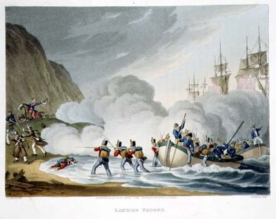 Débarquement des troupes, gravé par Matthew Dubourg (fl.1813-20) de 
