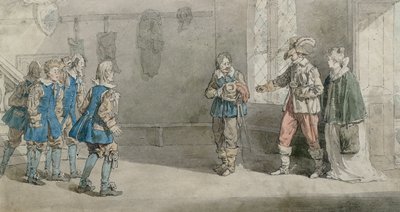 Petruchio, Katarina et les serviteurs dans une scène de 