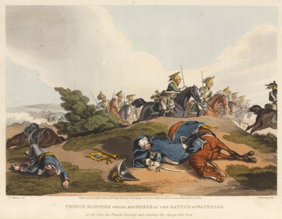 Le prince Blucher sous son cheval à la bataille de Waterloo, au moment où la cavalerie française chargeait sur lui, gravé par M. Dubourg, 1819 - John Augustus Atkinson