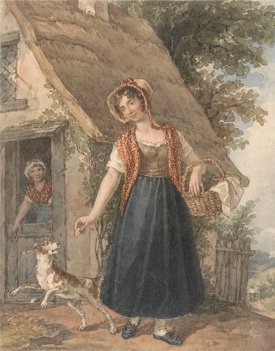 Jeune femme avec chien devant une porte de cottage - John Augustus Atkinson