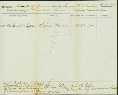 Copie contemporaine du reçu des magasins du quartier-maître, original signé John B. Tope, capitaine, 12e cavalerie du Tennessee, 11 juin 1864 - John B. Tope