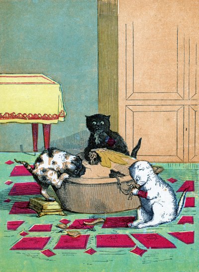 Trois petits chatons portant des mitaines et mangeant une tarte, Illustration de "Three Little Kittens" 1859 - John Ballantyne