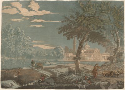 Paysage héroïque avec charrette et chevrier, avec San Giorgio Maggiore en arrière-plan - John Baptist Jackson after Marco Ricci