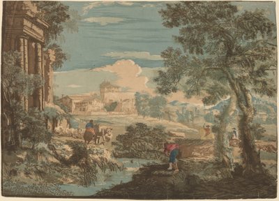 Paysage héroïque avec pêcheur, vaches et cavaliers - John Baptist Jackson after Marco Ricci