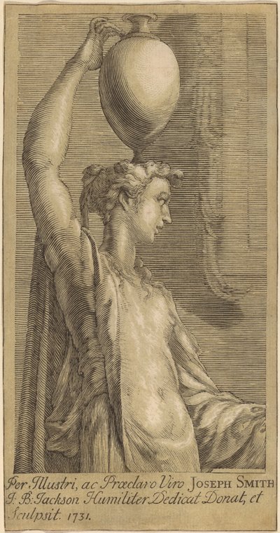 Femme debout tenant un pot sur la tête - John Baptist Jackson, after Parmigianino