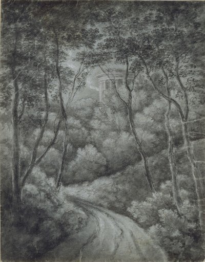 Paysage avec un chemin à travers une forêt et un temple classique - John Baptist Malchair
