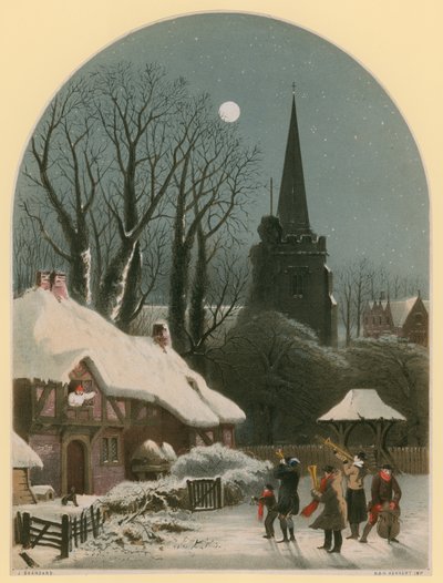 Scène de Noël victorienne avec un groupe jouant dans la neige - John Brandard