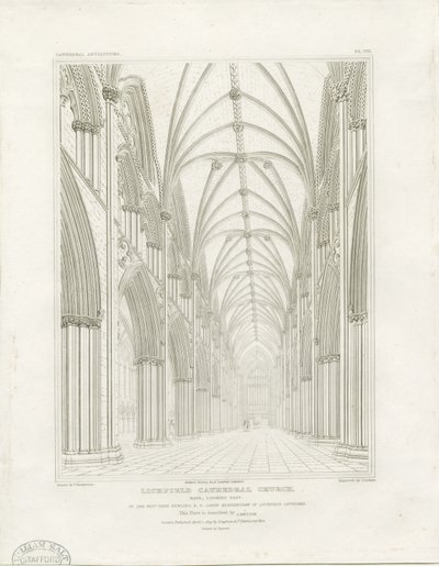 Intérieur de la cathédrale de Lichfield - Nef : gravure, vers 1819 - John Britton