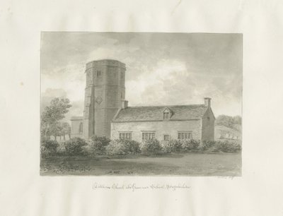 Dilhorne - Église et école secondaire : dessin sépia - John Buckler