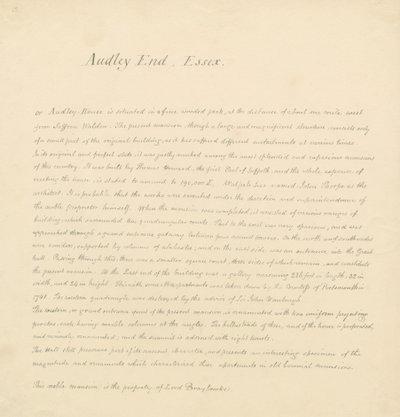 Essex - Audley End - Description historique (manuscrit) - John Buckler