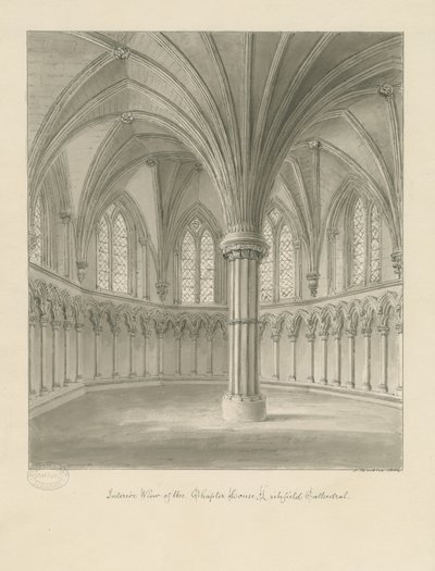 Intérieur de la cathédrale de Lichfield - Salle capitulaire: dessin sépia - John Buckler