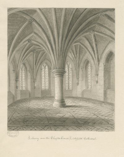 Intérieur de la cathédrale de Lichfield - Bibliothèque au-dessus de la salle capitulaire : dessin sépia - John Buckler