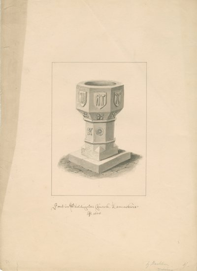 Lancashire - Église de Waddington - Fonts baptismaux (dessin sépia, 1808) - John Buckler