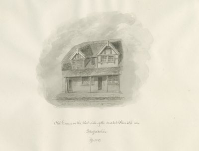 Leek Town - Vieilles maisons sur la place du marché : dessin sépia - John Buckler