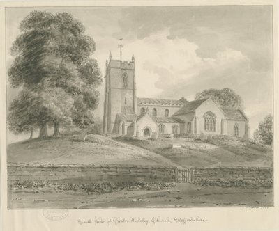 Église de Madeley: dessin au lavis sépia - John Buckler