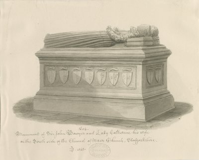 Église de Maer - Monument à Sir John Bowyer et Lady Catherine : dessin au lavis sépia, 1843 - John Buckler