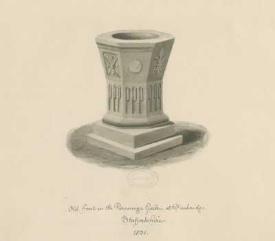 Penkridge - Fonts baptismaux dans le jardin du presbytère : dessin sépia - John Buckler