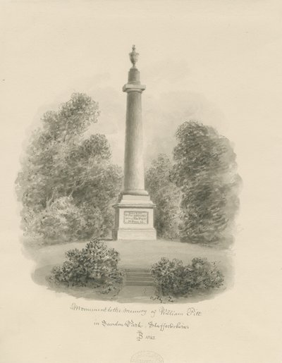 Sandon - Monument à William Pitt : dessin au lavis sépia - John Buckler