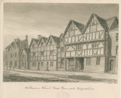 Tamworth - Vieilles maisons dans Church Street : dessin au lavis sépia, 1838 - John Buckler