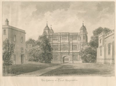 Tixall Hall et Gatehouse : dessin sépia, 1841 - John Buckler