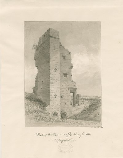 Château de Tutbury : dessin au lavis sépia - John Buckler