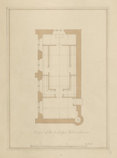 Wiltshire - Sarum - Plan du palais épiscopal : dessin sépia coloré - John Buckler