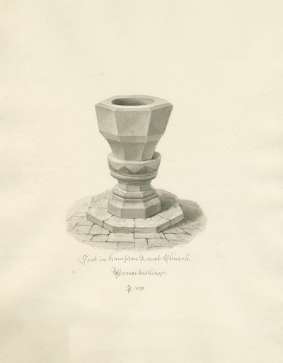 Worcestershire - Église de Hampton Lovett - Fonts baptismaux : dessin sépia - John Buckler