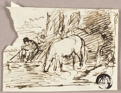 Esquisse de chevaux abreuvant et pêcheur - John Burnet
