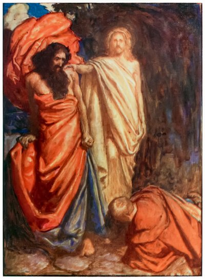 Fidèle frappé par Moïse de Le Voyage du pèlerin de ce monde à celui qui est à venir par John Bunyan (1628-1688) Illustration de Byam Shaw (1872-1919) montrant Fidèle battu par un impitoyable - John Byam Liston Shaw